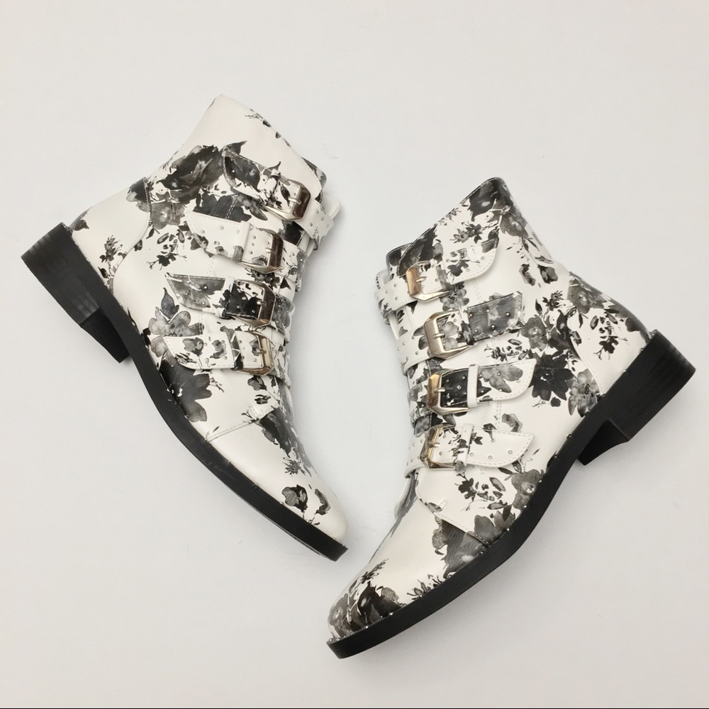 Floral Buckle Straps Studded Combat Ankle Boots - Picture 2 of 6